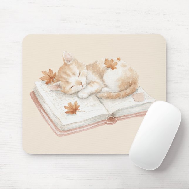 Cat Sleeping on a Book Mouse Mat (With Mouse)