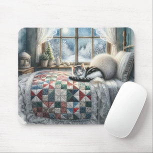 Cat Sleeping on Bed Quilt Mouse Mat