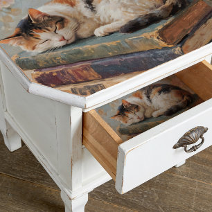 Cat Sleeping On Book Decoupage Tissue Paper