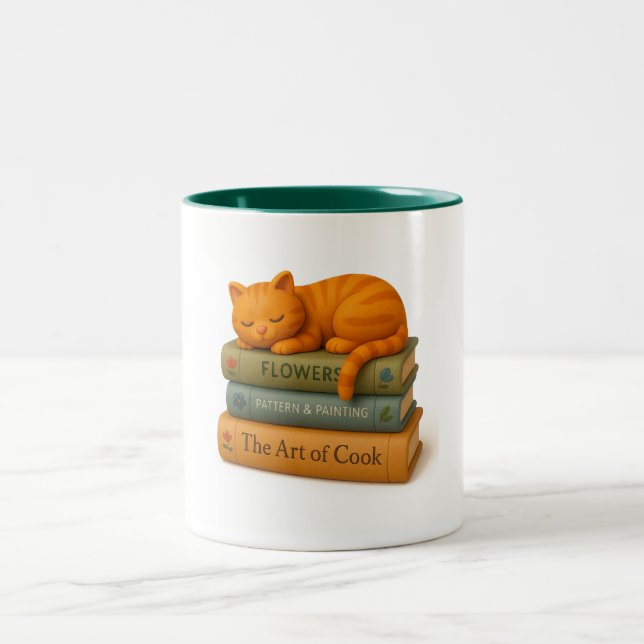 Cat Sleeping on Books Mug — Book Lover Gift (Center)