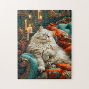 Cat Sleeping on Cosy Chair by Candlelight Jigsaw Puzzle