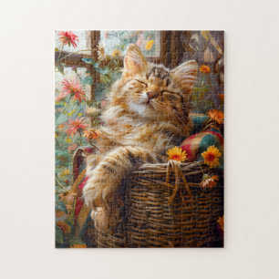 Cat Sleeping on Window Sill Among Flower Jigsaw Puzzle
