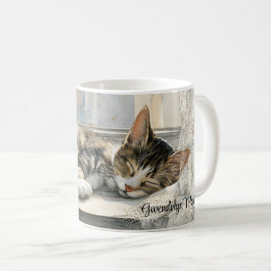 Cat Sleeping on Windowsill with Lace Curtains 11oz Coffee Mug