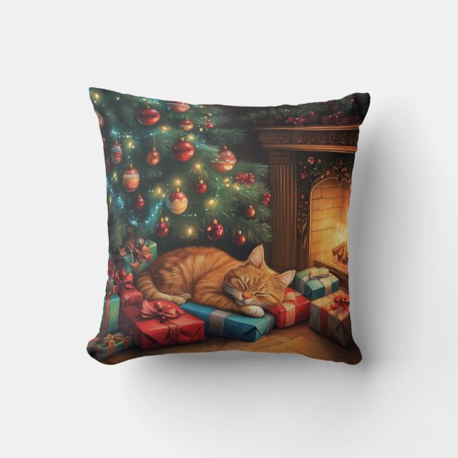 Cat sleeping peacefully under a Christmas tree Cushion (Front)