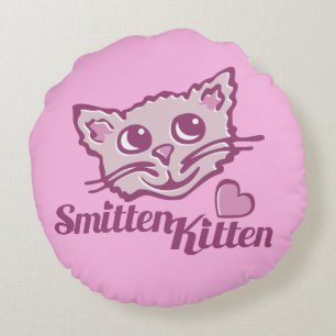 Cat smitten kitten face heart round pillow