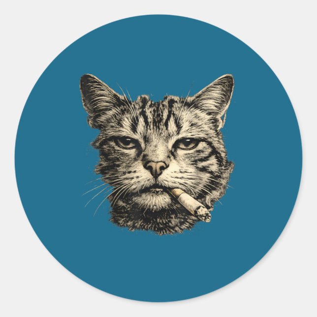 Cat Smoking Cigarette Feline Tabby Classic Round Sticker (Front)