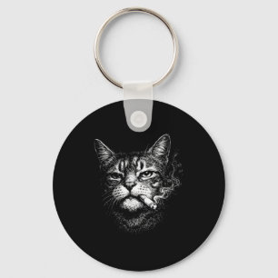 Cat smoking cigarette funny animal face meme key ring