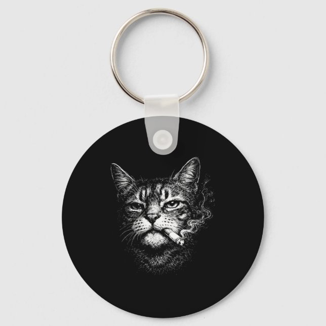 Cat smoking cigarette funny animal face meme key ring (Front)