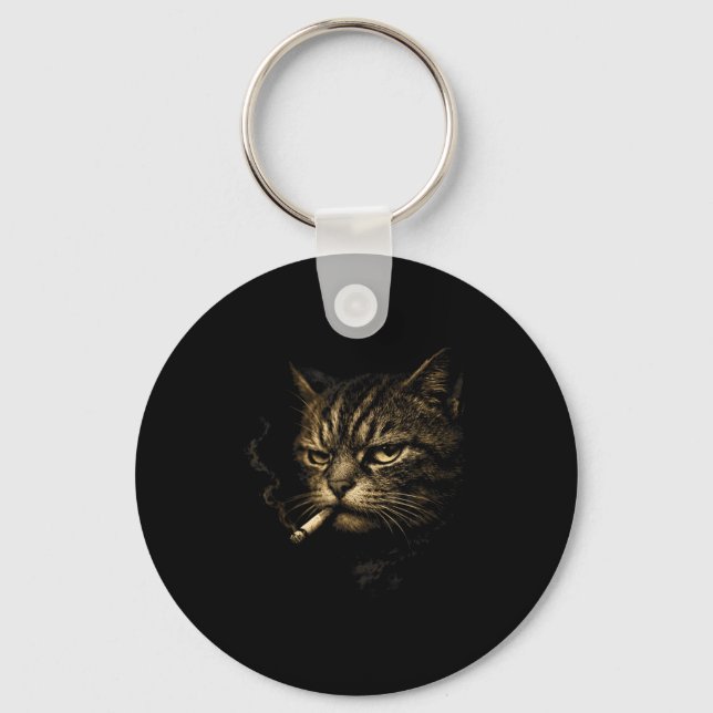 Cat smoking cigarette retro sketch funny meme for key ring (Front)