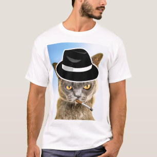 CAT SMOKING CIGARETTE WEARING FEDORA T-SHIRTS