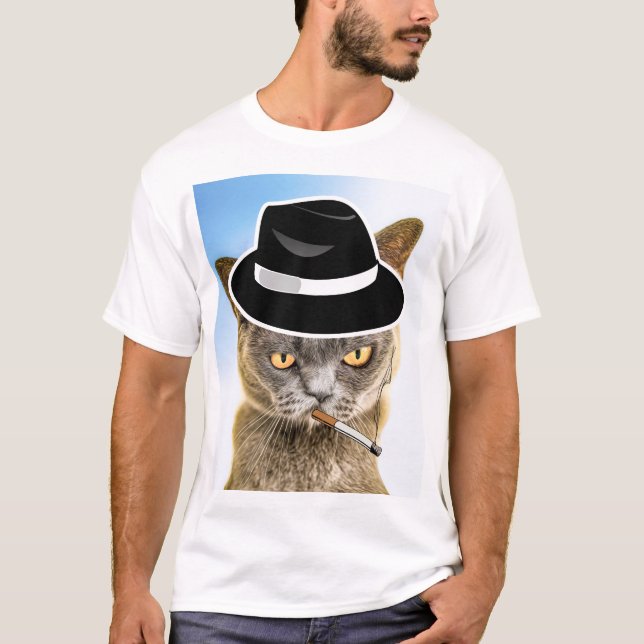 CAT SMOKING CIGARETTE WEARING FEDORA T-SHIRTS (Front)