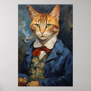 cat smoking Tobacco pipe art print, cat painting Poster