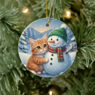Cat & Snowman Friends Christmas Winter Companion Ceramic Tree Decoration