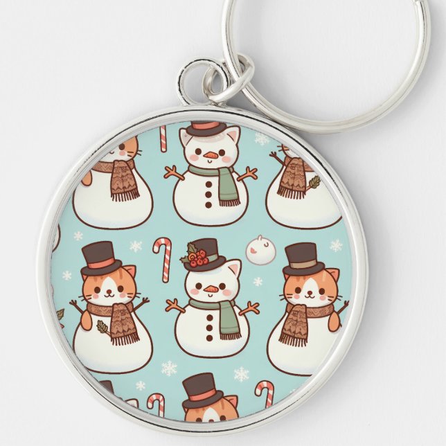 Cat Snowman Keychains((Circle) Key Ring (Front)