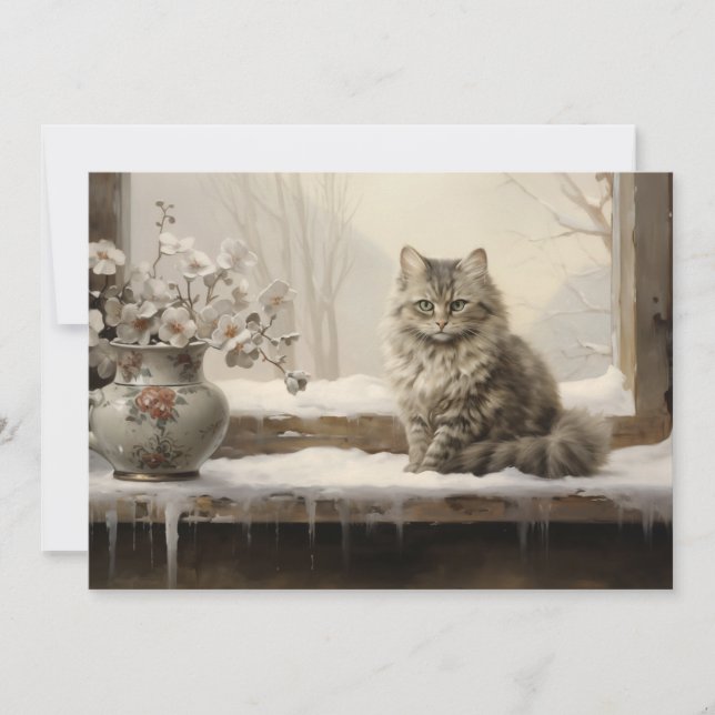 Cat Snowy Winter Merry Christmas  Holiday Card (Front)