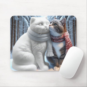 Cat Snuggling With a Snow Cat Sculpture Mouse Mat