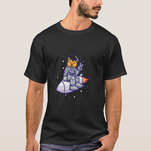 Cat Spaceman On A Rocket Spaceship Astronaut T-Shirt (Front)