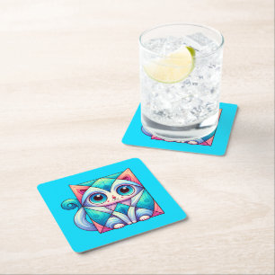 Cat Square Illustration shirt, Cat with Big Eyes Paper Coaster