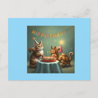 Cat,squirrel and turtle happy birthday fantasy holiday postcard