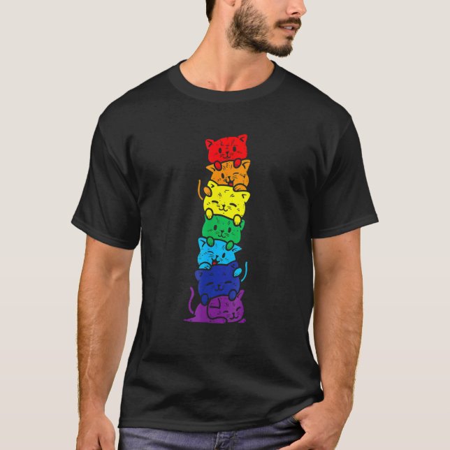 Cat Stack Rainbow Gay Pride Cute Lgbt Animal Pet   T-Shirt (Front)