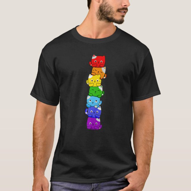 Cat Stack Rainbow Gay Pride Cute LGBT Animal Pet T-Shirt (Front)