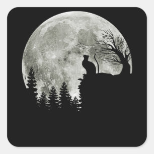 Cat Standing On Mountain Moonlight Halloween Square Sticker