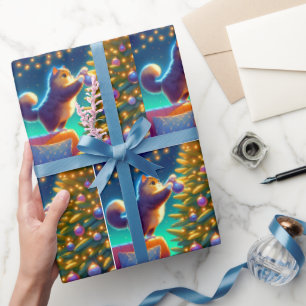 Cat Standing On Sofa To Decorate Christmas Tree Wrapping Paper