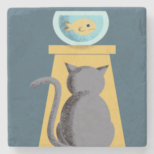 Cat staring down goldfish cute house stone coaster