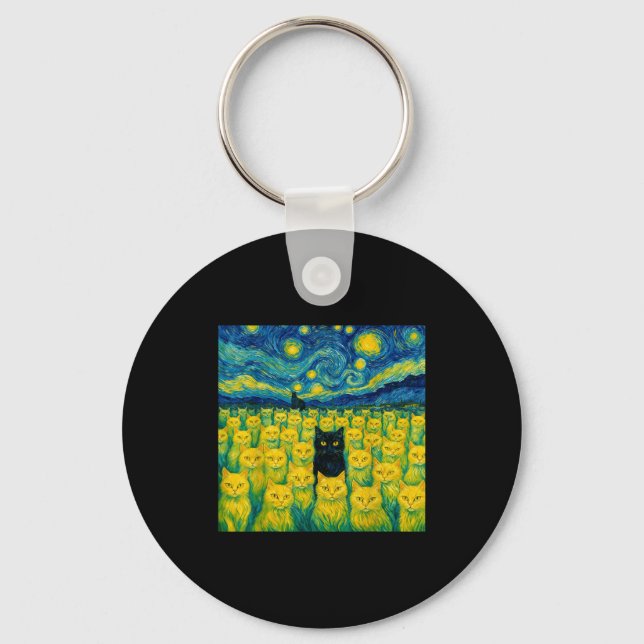 Cat Starry Night Van Gogh Cat For Cat Lover  Key Ring (Front)