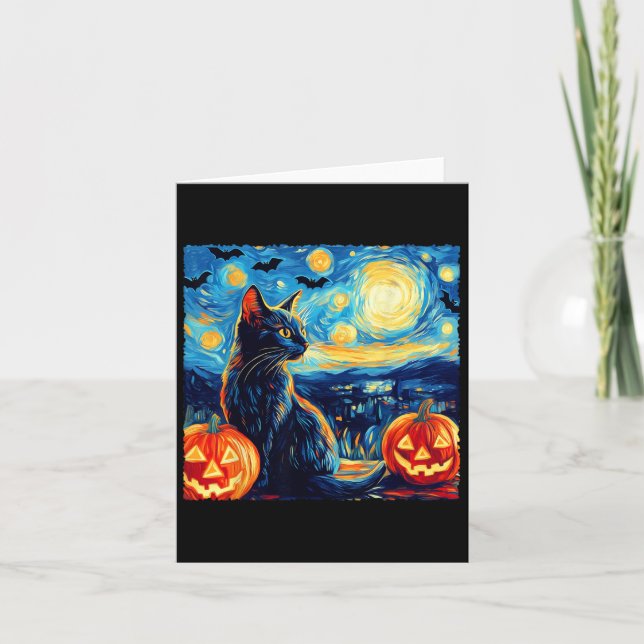 Cat Starry Night Van Gogh Cat Lover Bats Pumpkins  Card (Front)