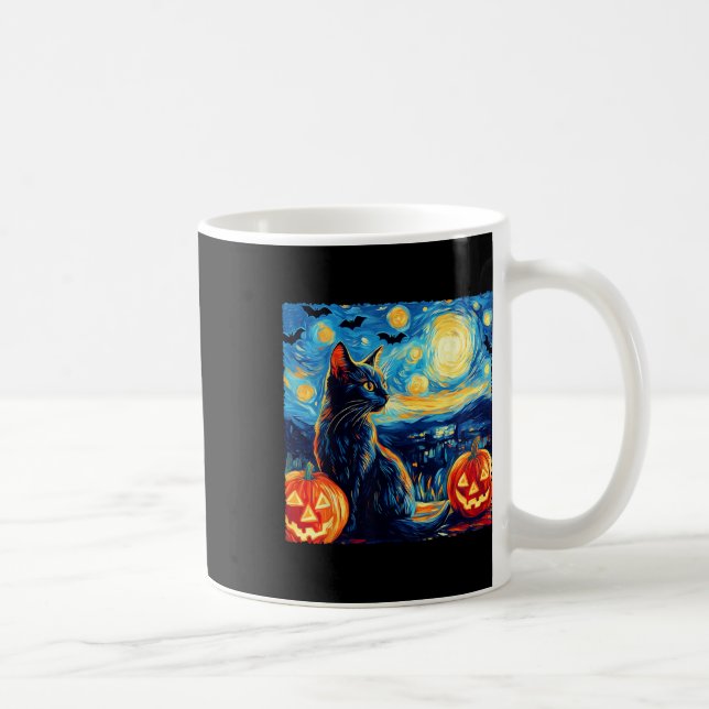 Cat Starry Night Van Gogh Cat Lover Bats Pumpkins  Coffee Mug (Right)