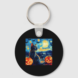 Cat Starry Night Van Gogh Cat Lover Bats Pumpkins Key Ring