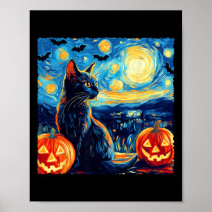 Cat Starry Night Van Gogh Cat Lover Bats Pumpkins  Poster