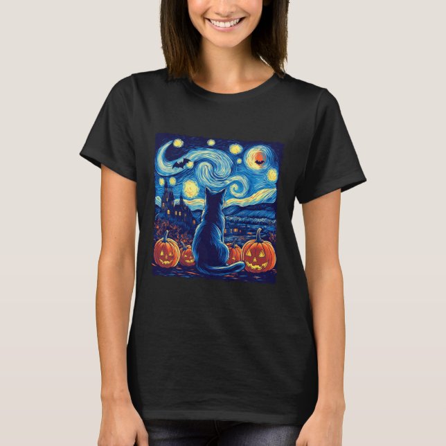 Cat Starry Night Van Gogh Cat Lovers Bats Pumpkins T-Shirt (Front)