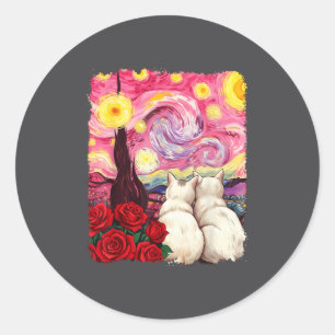 Cat Starry Night Van Gogh Red Rose Valentines Cat  Classic Round Sticker
