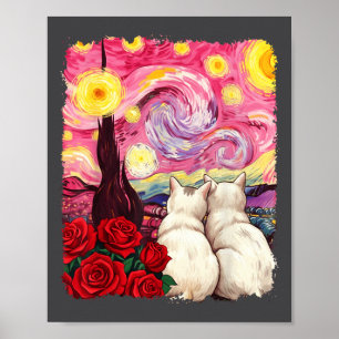 Cat Starry Night Van Gogh Red Rose Valentines Cat Poster