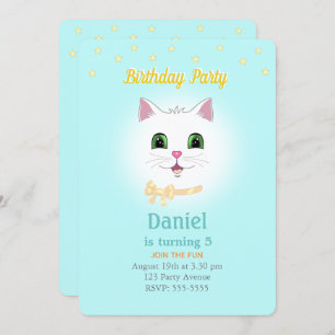 Cat & Stars on Light Blue Boy Birthday Invitation