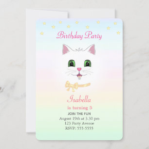 Cat & Stars on Pastel Colours Birthday Invitation