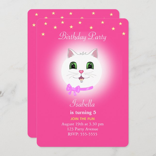 Cat & Stars on Pink Girl Birthday Invitation (Front/Back)