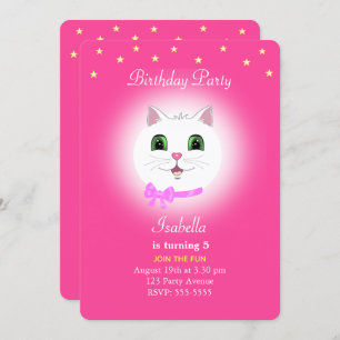 Cat & Stars on Pink Girl Birthday Invitation