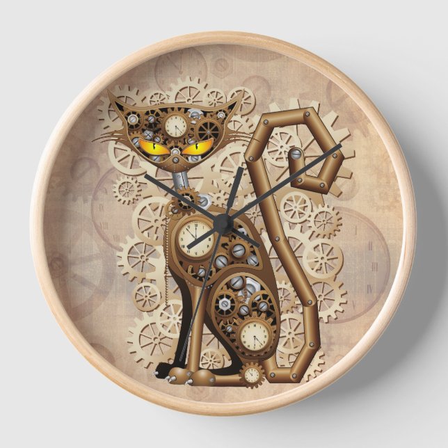 Cat Steampunk Vintage Retro Style Machine  Clock (Front)