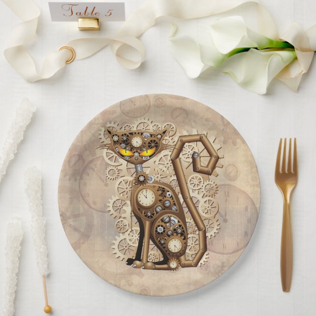 Cat Steampunk Vintage Retro Style Machine  Paper Plate (Wedding)