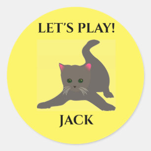 Cat sticker, personalised name, "LET'S play'. Classic Round Sticker