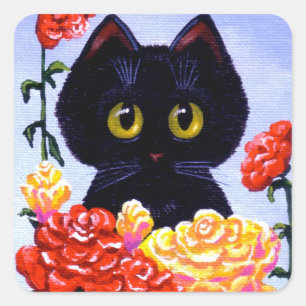 Cat Stickers Cute Black Roses Flowers Creationarts