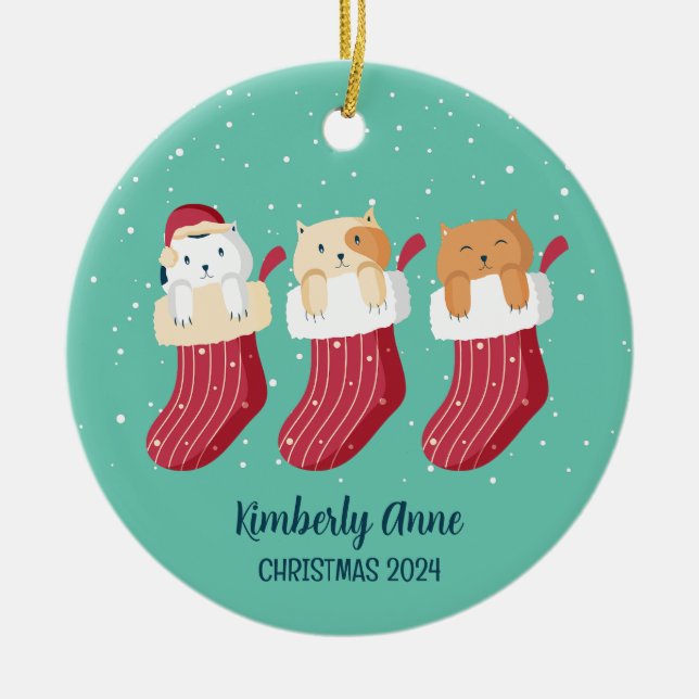 Cat Stockings Christmas Kitty Snowy Winter Holiday Ceramic Tree Decoration (Front)