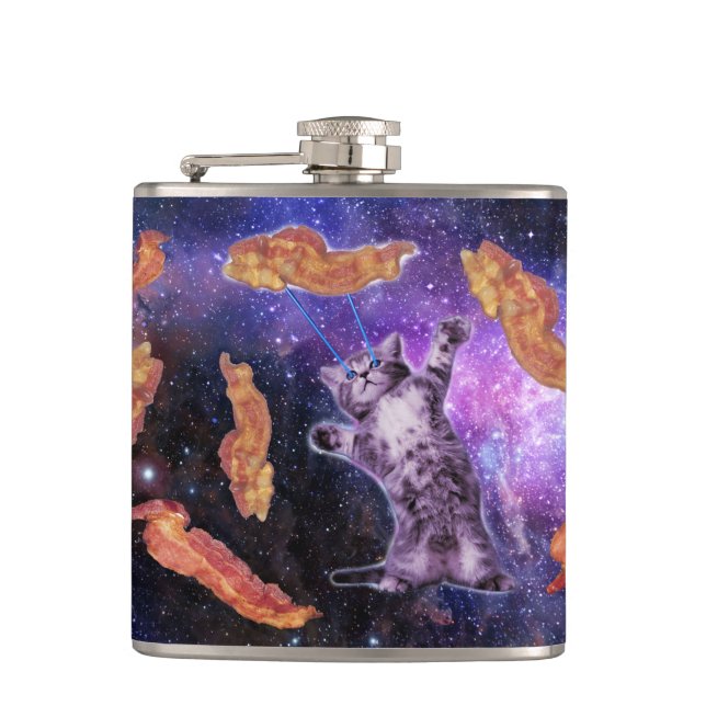 Cat struck bacon with laser eye hip flask (Front)