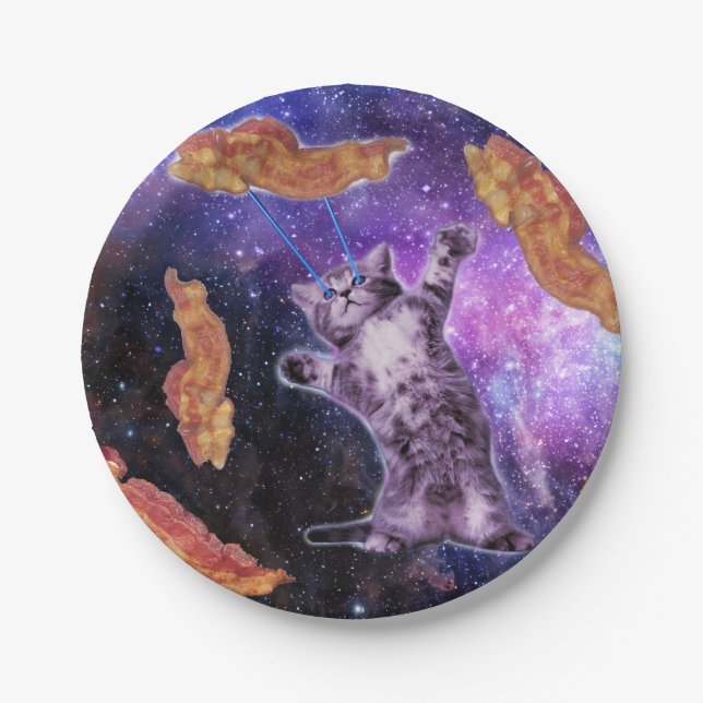 Cat struck bacon with laser eye paper plate (Front)