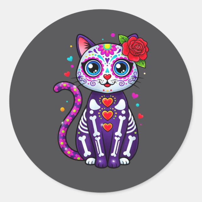 Cat Sugar Skull Cute Cat For Cat Lover Cat-m  Classic Round Sticker (Front)