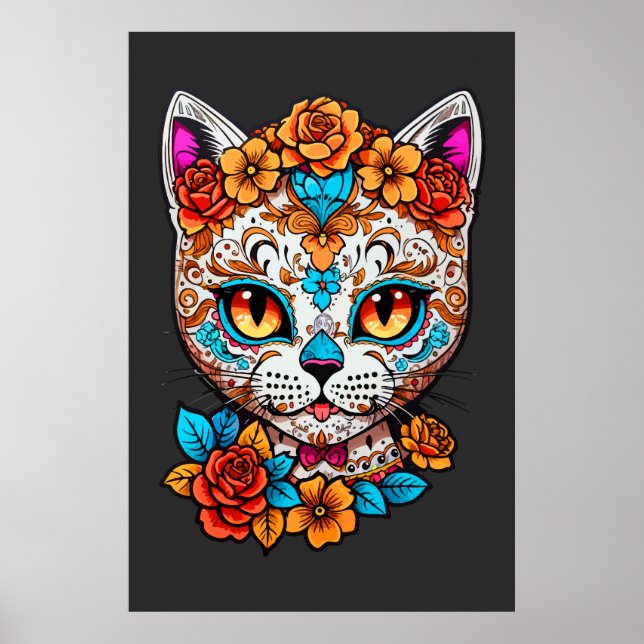 Cat Sugar Skull Halloween, Dia de los Muertos Poster (Front)
