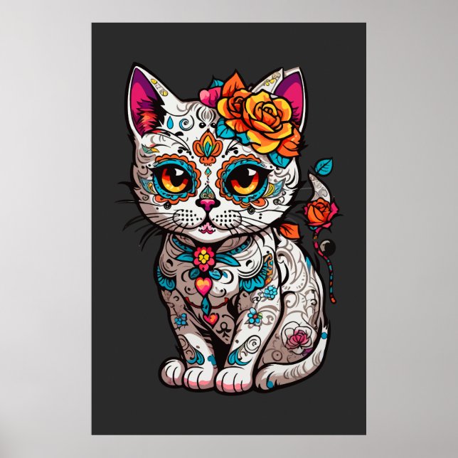 Cat Sugar Skull Halloween, Dia de los Muertos Poster (Front)